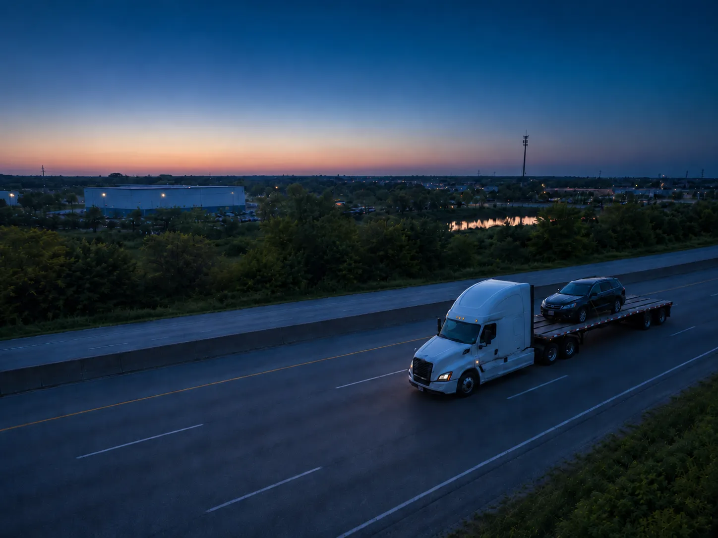 Flatbed truck at dusk