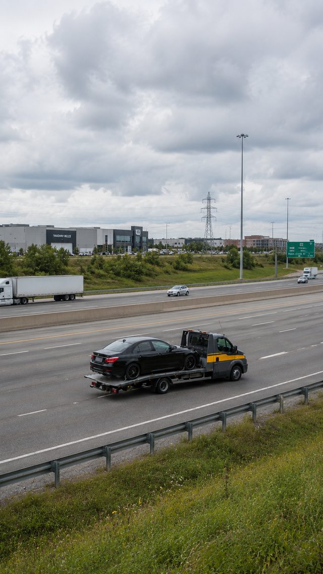 Flatbed tow truck carrying a black sedan on a Canadian highway near Vaughan Mills