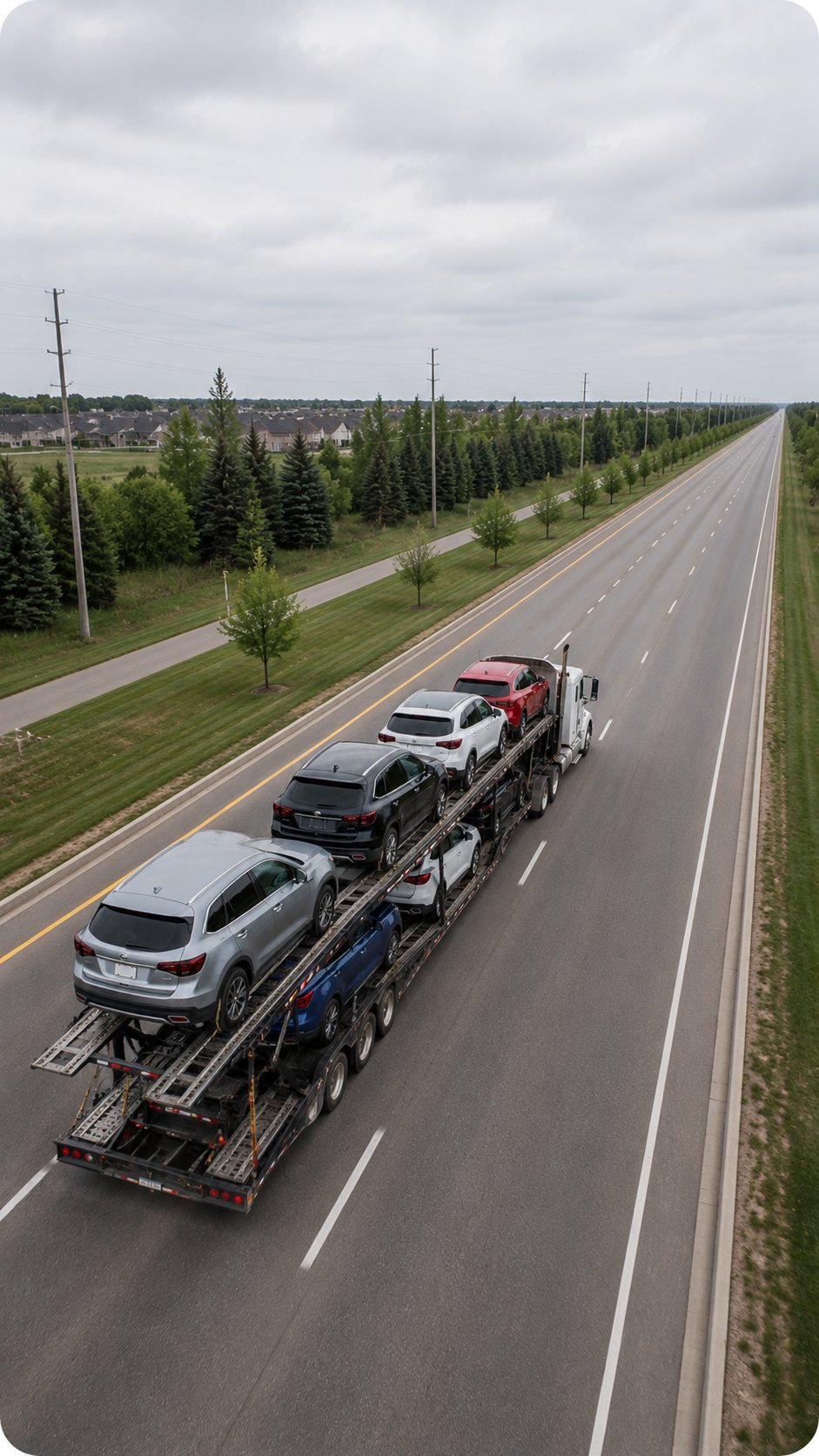Multi-car hauler truck carrying vehicles on a Canadian highway