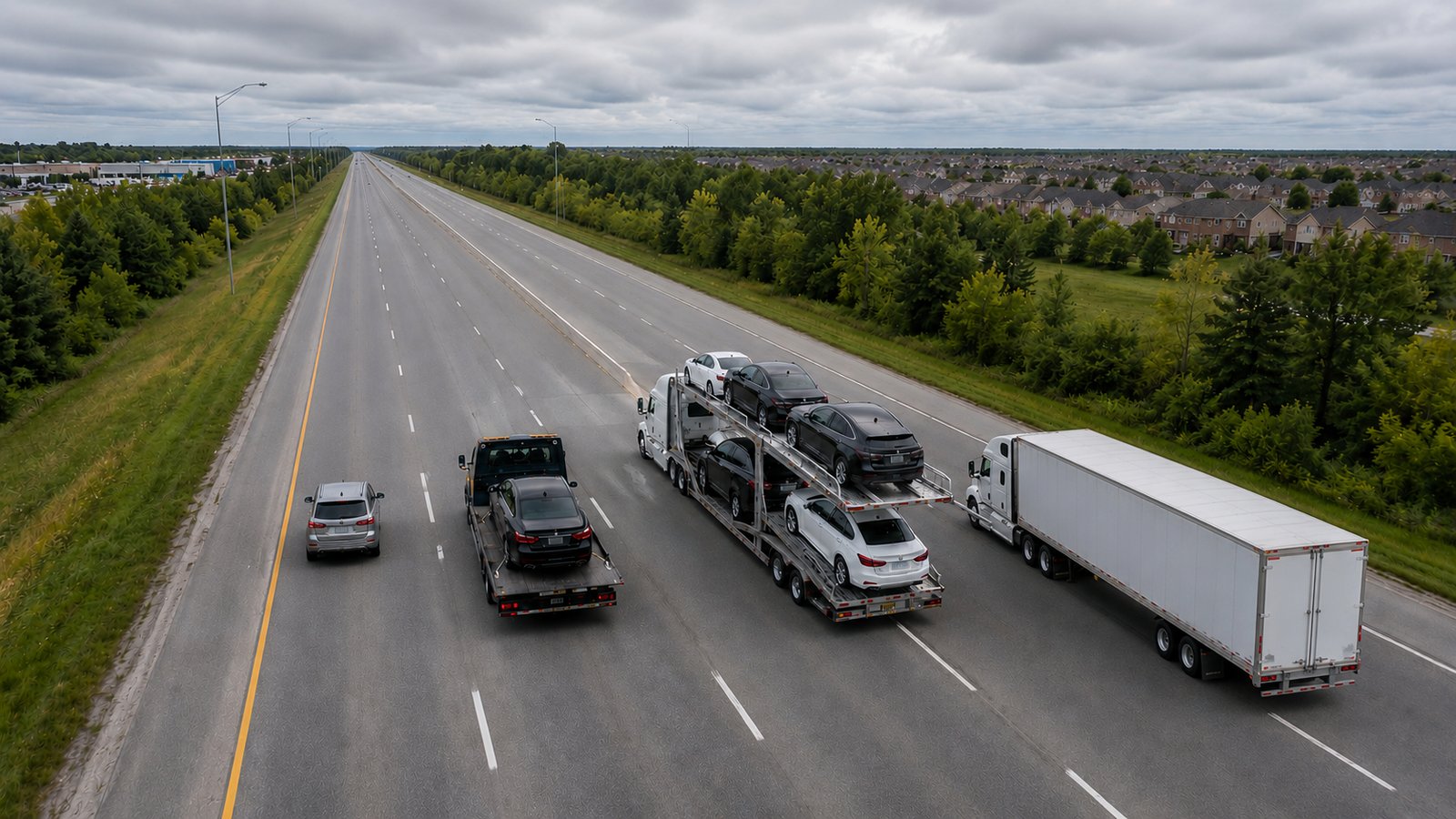 All four vehicle transport types — drive-away, flatbed, haul-away, and enclosed — driving side by side on a Canadian highway