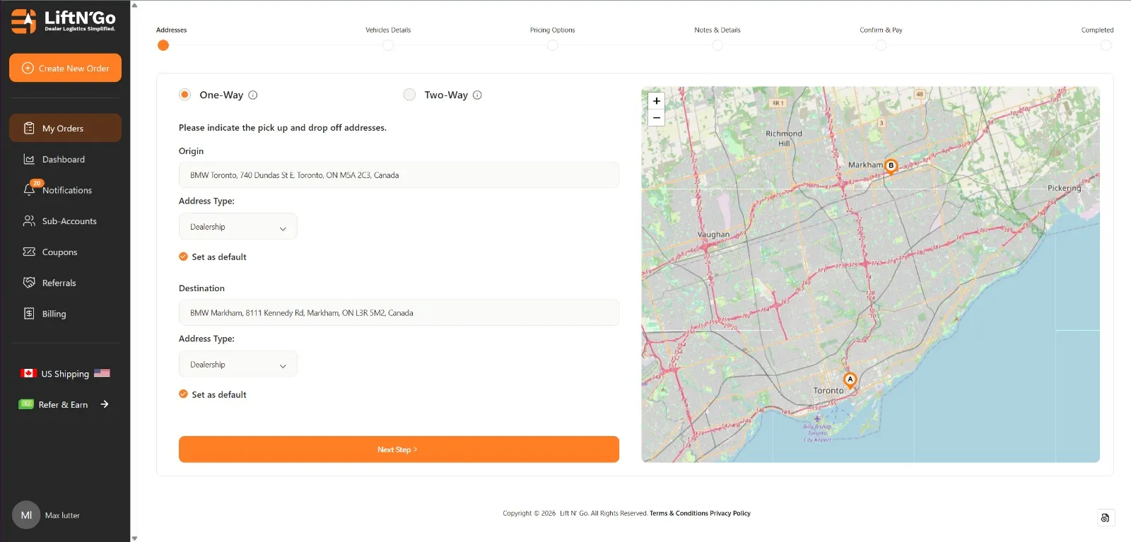Select pickup and drop-off addresses on the map